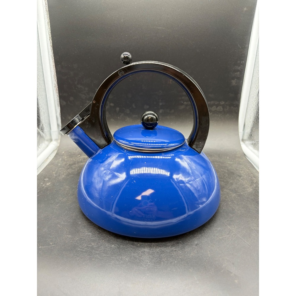 Vintage Cobalt Blue Enamel Tea Kettle Stovetop Pot Arched Black Handle MCM Style